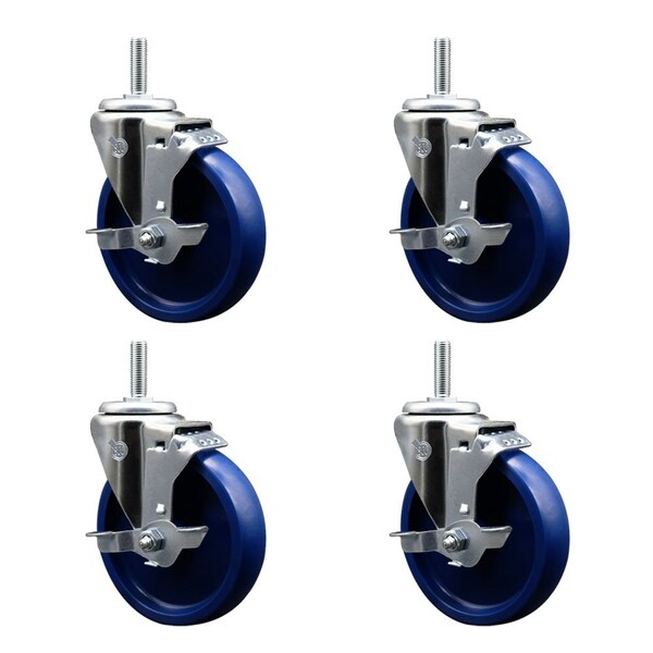 5 Inch Solid Polyurethane Wheel Swivel 58 Inch Threaded Stem Caster Set with Brake SCC
